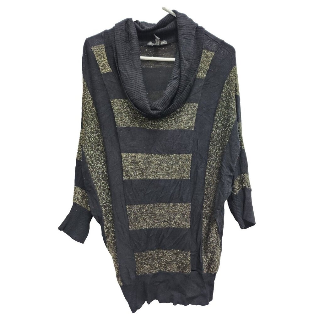 INC International Concepts Womens Sweater Large Black Metallic Striped Cowl Neck